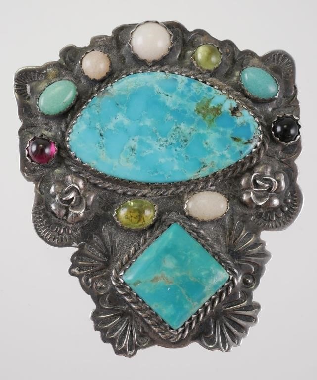 Appraisal: Vintage Navajo ornate sterling turquoise opal onyx brooch with necklace