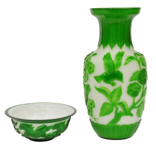 Appraisal: lot of Chinese Peking green glass overlay decorative items including