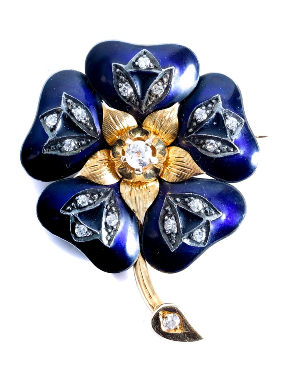 Appraisal: RUSSIAN K YG DIAMOND ENAMEL FLORAL BROOCHLikely Russian k yellow