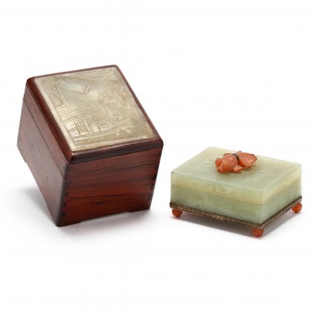 Appraisal: TWO CHINESE CARVED HARDSTONE BOXES th century smaller box is