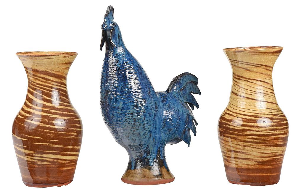 Appraisal: Charlie West Pottery Rooster and Two Swirl Vases Georgia th