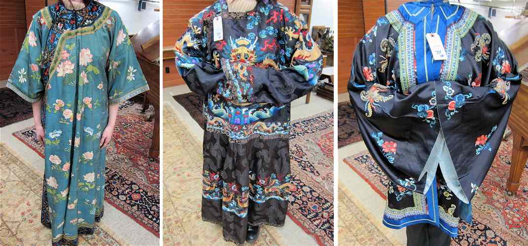 Appraisal: THREE CHINESE SILK MANDARIN ROBES hand embroidered black with dragon