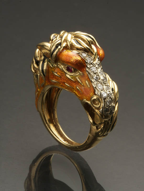 Appraisal: Italian -Karat Yellow-Gold Ruby Diamond and Enamel 'Horse' Ring Frascarolo