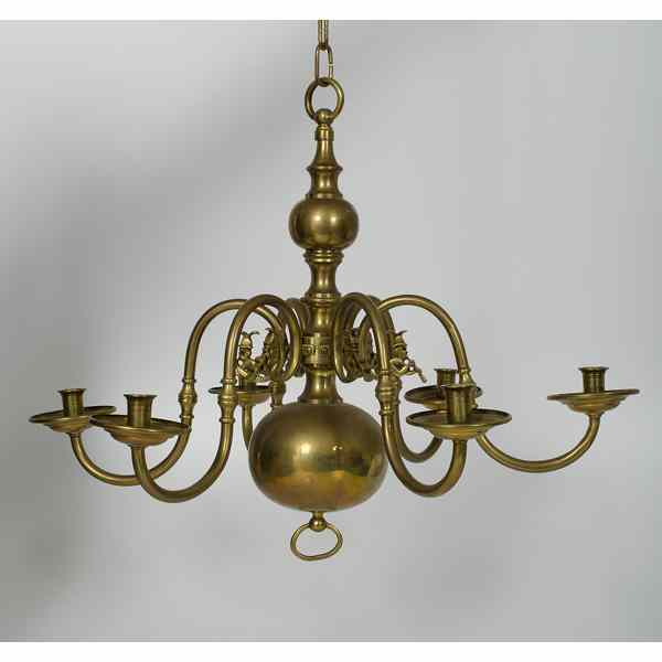 Appraisal: Dutch Brass Six-Arm Chandelier Dutch baroque-style brass chandelier six curved