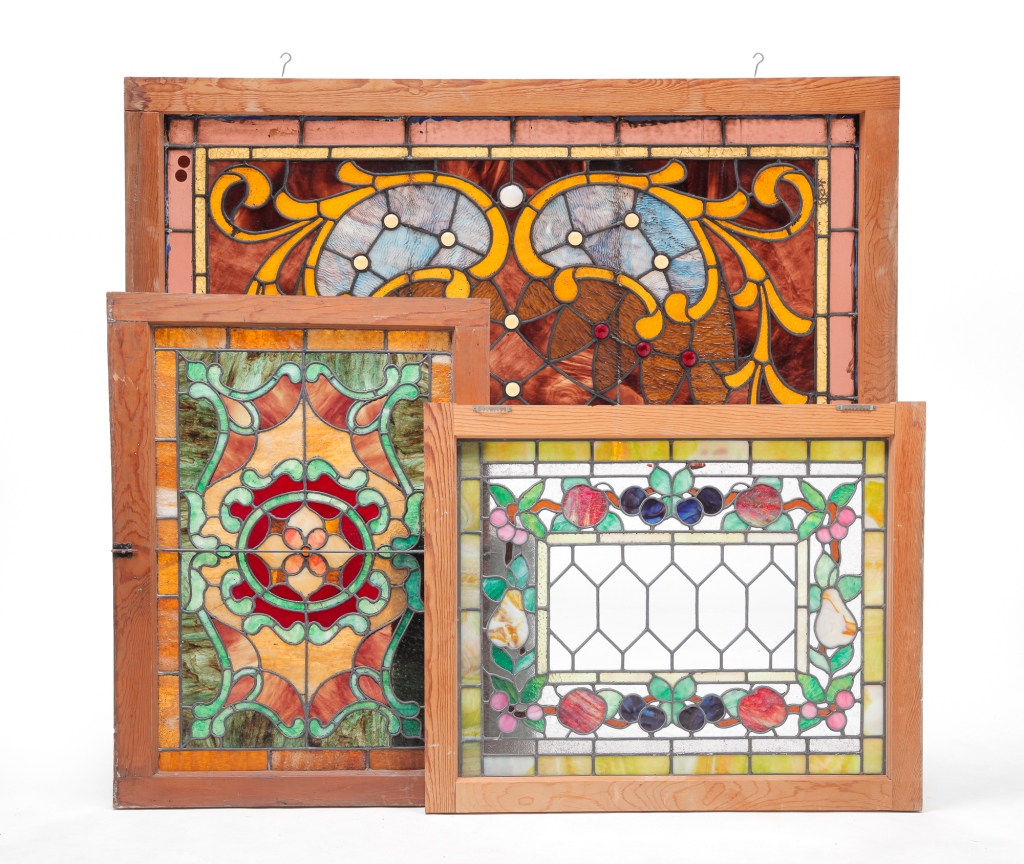 Appraisal: THREE AMERICAN LEADED COLORED GLASS WINDOWS Ca Purple and amber