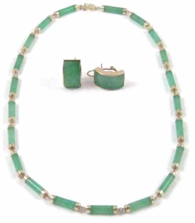 Appraisal: THREE ARTICLES OF GREEN JADE JEWELRY including a pair of