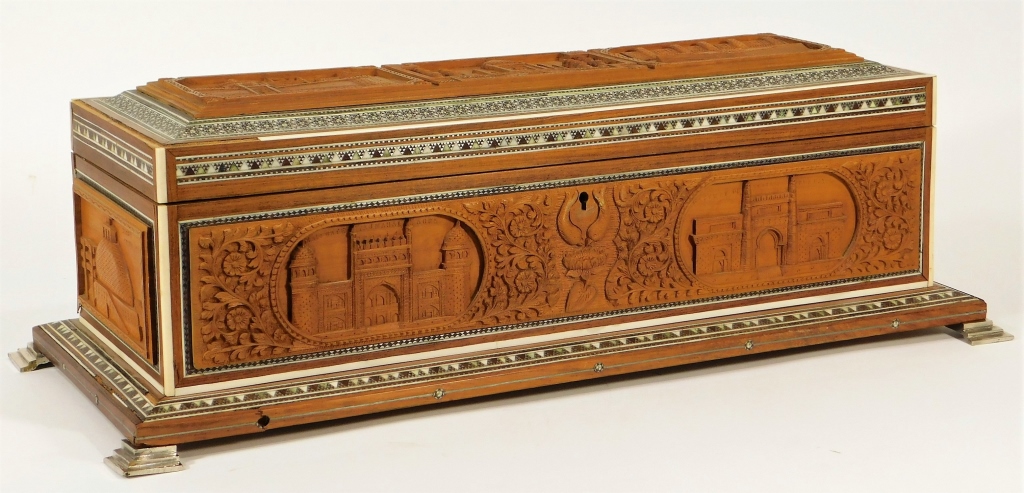 Appraisal: ANGLO-INDIAN BONE INLAID WOOD SCROLL DOCUMENT BOX India th CenturyRectangular