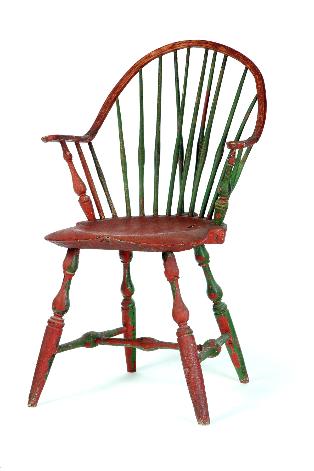 Appraisal: AMERICAN DECORATED BRACE-BACK WINDSOR ARMCHAIR Late th century mixed woods