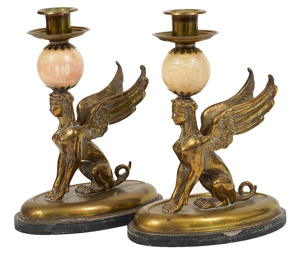 Appraisal: Pr Bronze Marble Winged Sphinx Candle Holders Pair of bonze