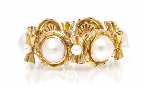 Appraisal: A Karat Yellow Gold and Cultured Pearl Link Bracelet containing