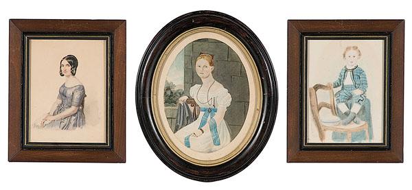 Appraisal: FOLK ART WATERCOLOR PORTRAITS American or English th century Group