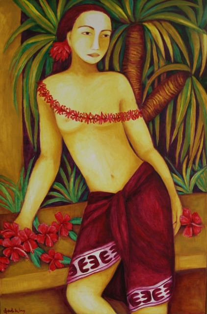 Appraisal: Genola De Jong Woman Red Hibiscus and Pandanas oil on