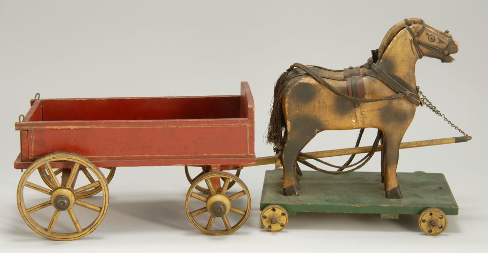 Appraisal: CHILD'S PAINTED WOODEN HORSE-DRAWN WAGON PULL-TOY th CenturyLabel on bottom