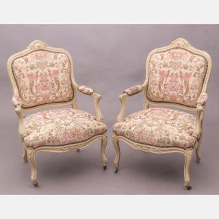 Appraisal: A Pair of Louis XV Style Painted Hardwood Fauteuils th