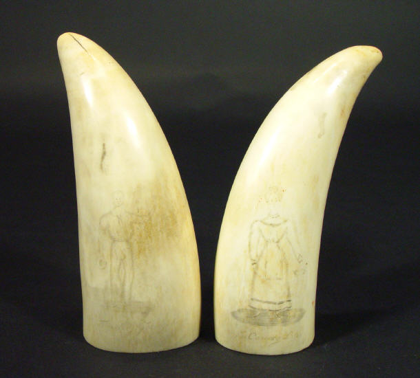 Appraisal: Two ivory Scrimshaw nautical tusks carved with figures largest cm