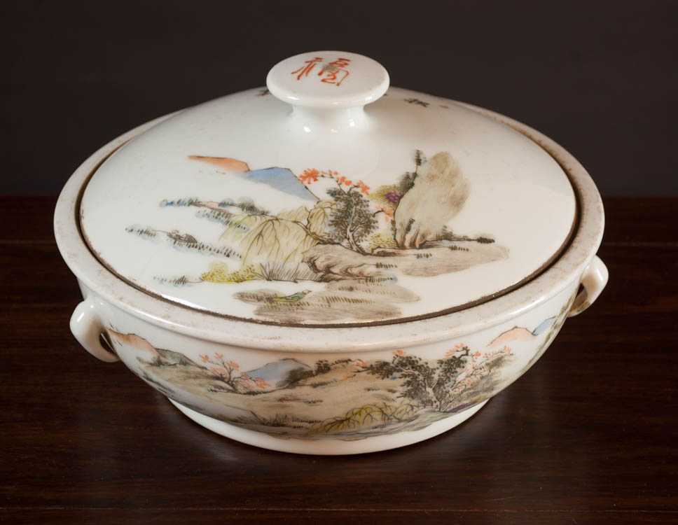 Appraisal: CHINESE QING QIAN JIANG PORCELAIN LIDDED BASIN decorated with hand