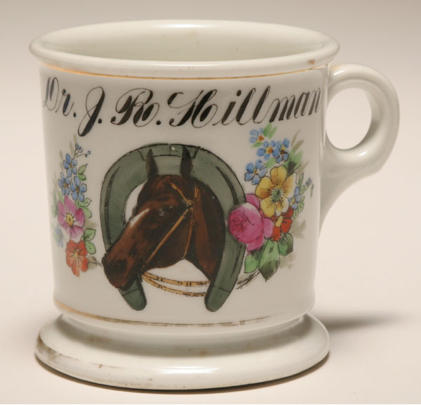 Appraisal: Occupational shaving mug veterinarian snaffle bit horse head with horseshoe