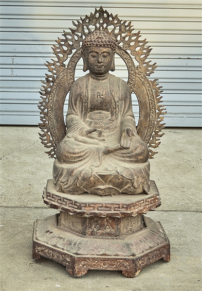 Appraisal: Chinese bronze sculpture of seated Buddha with mandorla x x