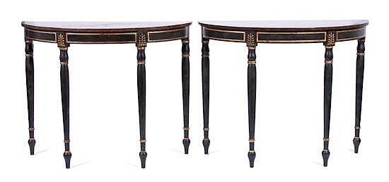 Appraisal: A Pair of Louis XVI Style Ebonized Demilune Console Tables