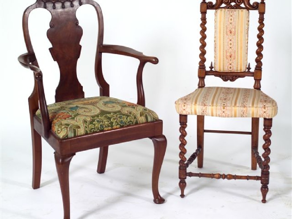 Appraisal: SMALL QUEEN ANNE STYLE WALNUT OPEN ARMCHAIR the scrolled crest