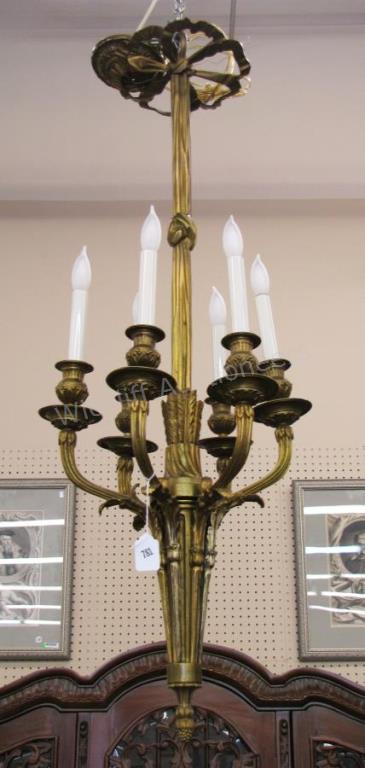 Appraisal: A hanging light fixture bronze frame with column and acanthus