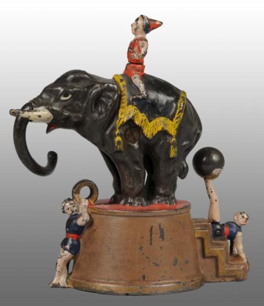 Appraisal: Cast Iron Elephant Clowns Mechanical Bank Description Manufactured by J