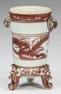 Appraisal: Chinese iron-red cylinder vase having a meander band at the