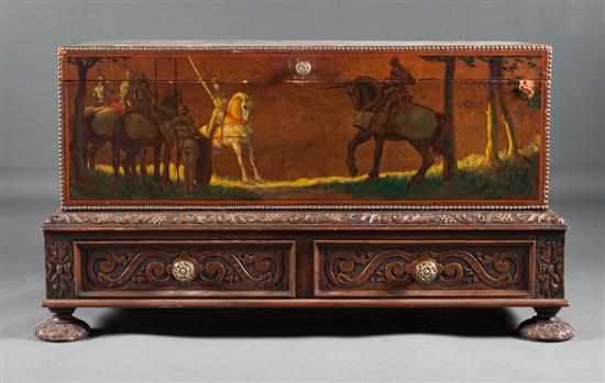 Appraisal: Tudor Revival Medieval Military style painted leather trunk on carved