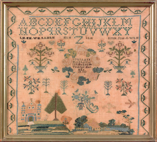 Appraisal: English silk on linen sampler dated wrought by Julia Ann