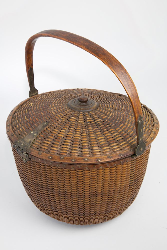 Appraisal: Rare and Unusual Covered Round Swing Handle Nantucket Basket circa