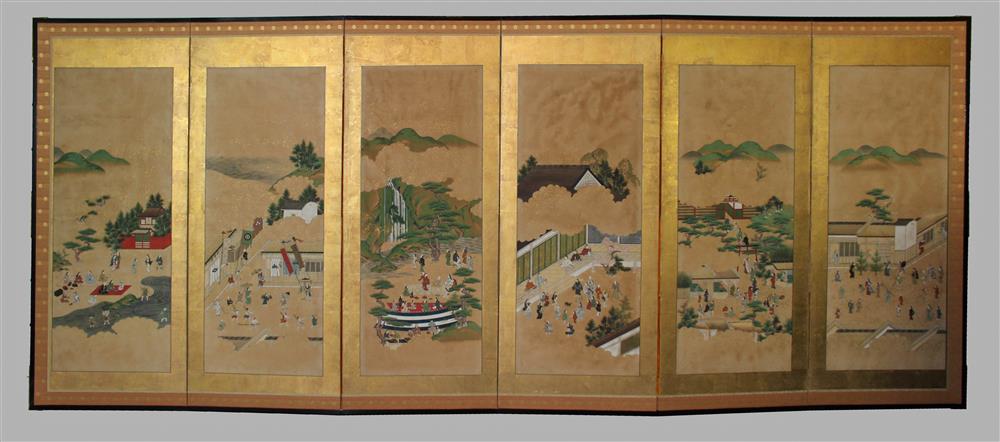 Appraisal: JAPANESE SIX PANEL SCREEN th C painting depicting town scenes