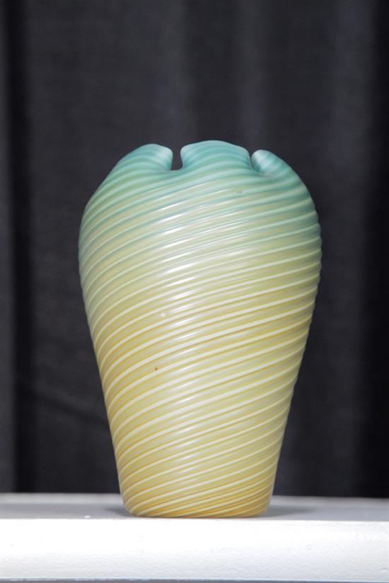 Appraisal: ART GLASS VASE Ribbed satin glass vase in green to