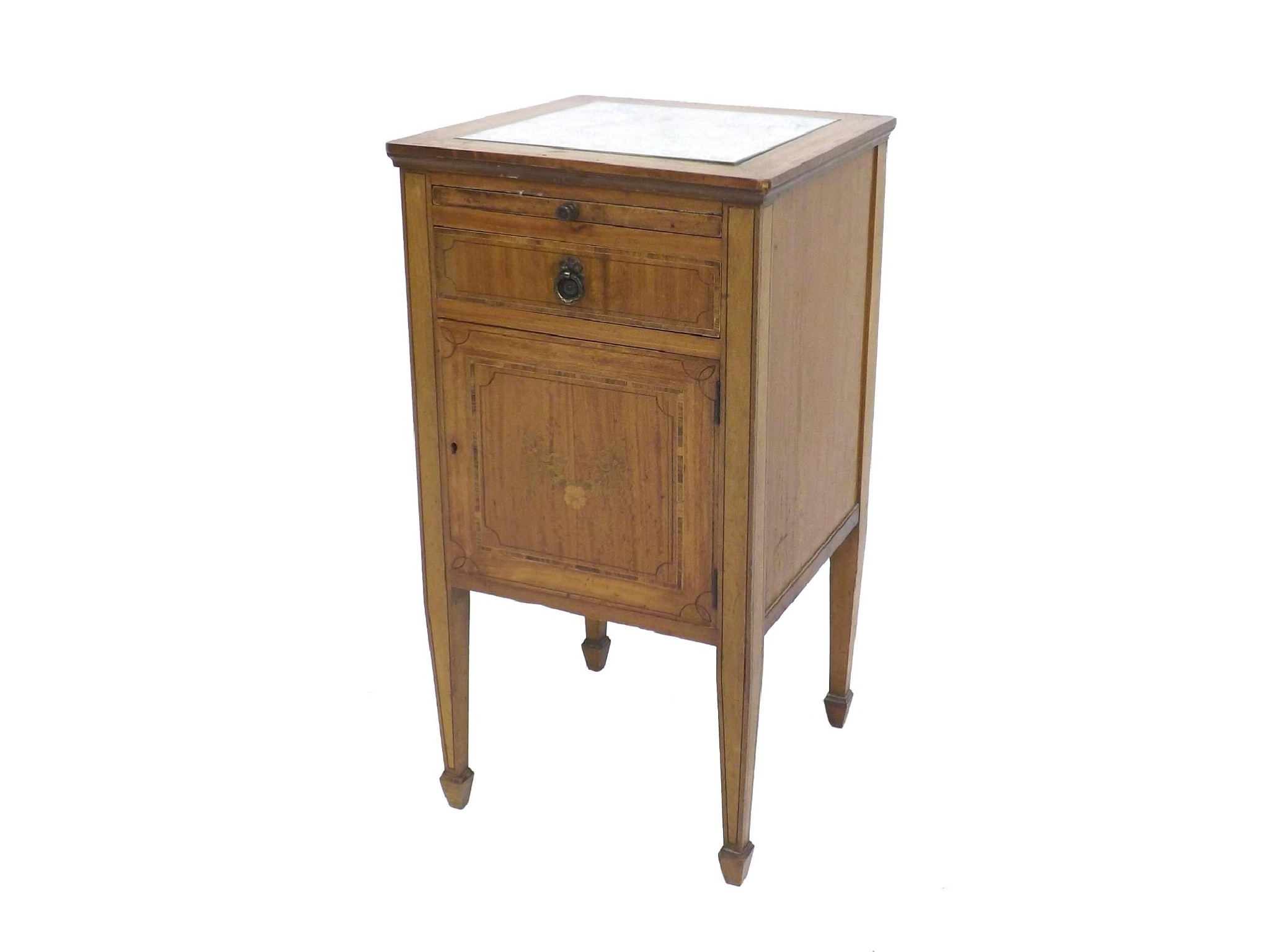 Appraisal: Sheraton style satinwood inlaid bedside cabinet late th century the