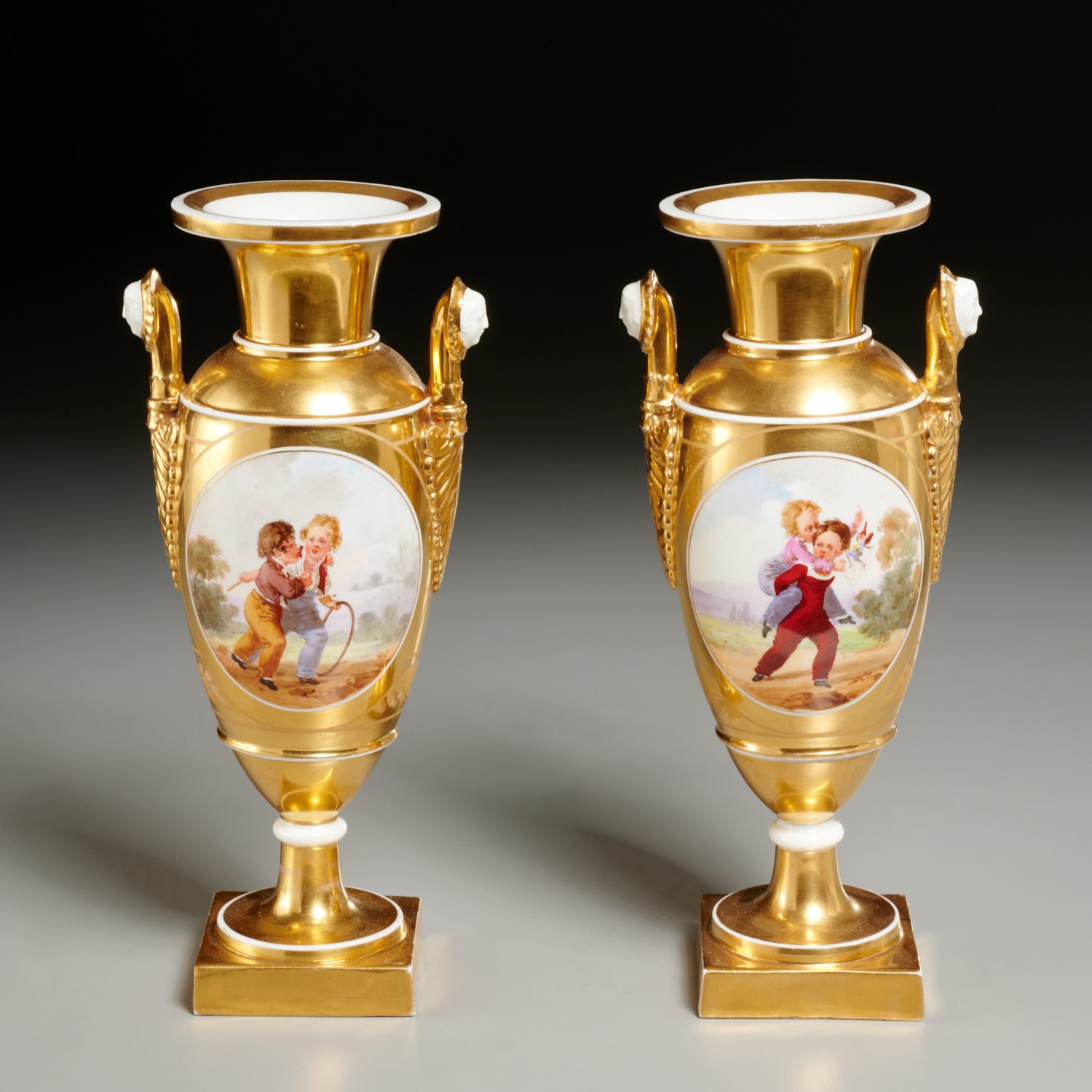 Appraisal: NICE PAIR OLD PARIS PORCELAIN URNS th c gilt and