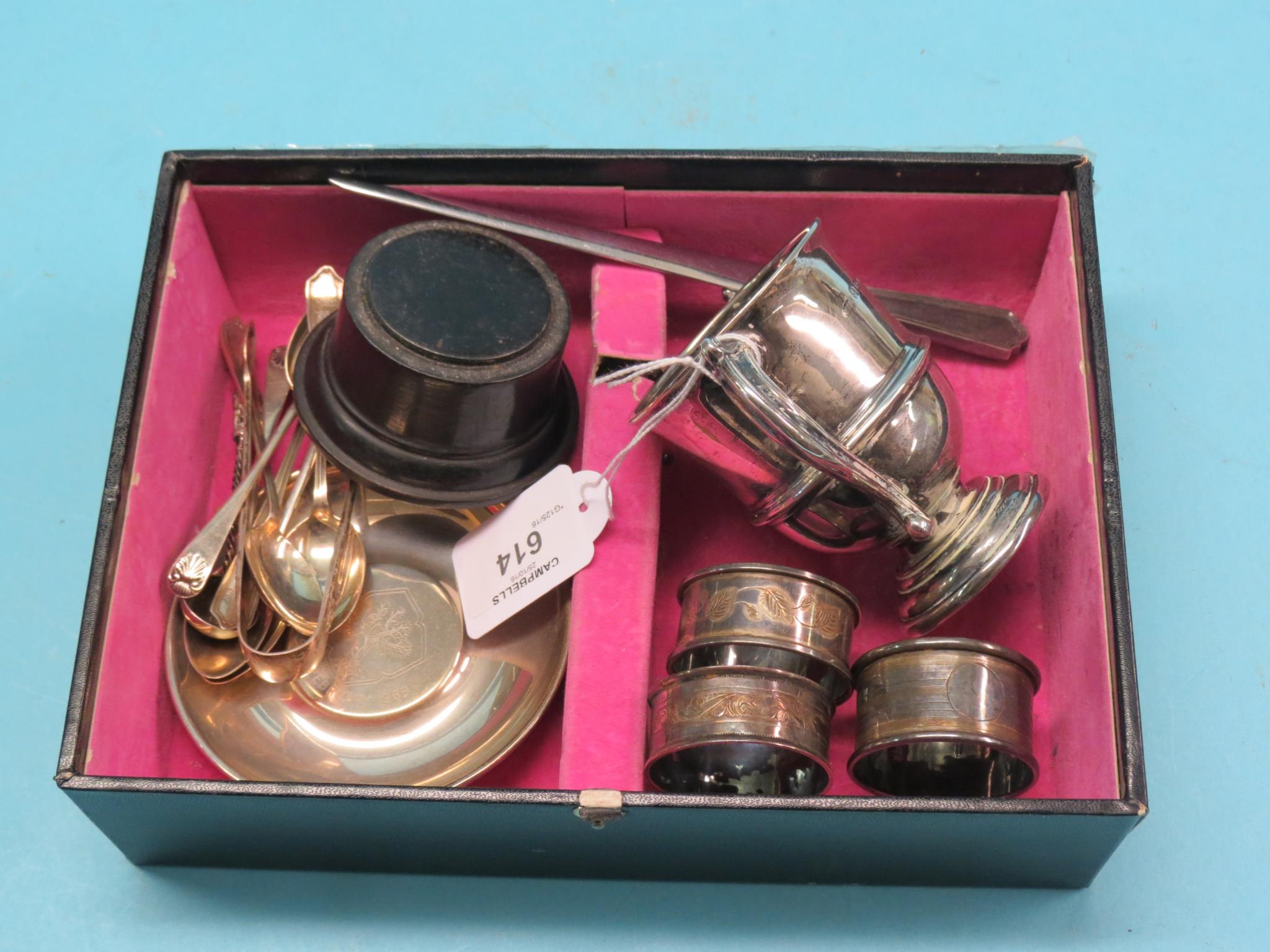 Appraisal: A small silver two-handled trophy on plinth three silver serviette