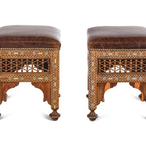 Appraisal: A Pair of Syrian Bone Inlaid Ottomans with Leather Upholstery