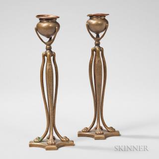 Appraisal: Pair of Tiffany Studios Dore Candlesticks Bronze New York early