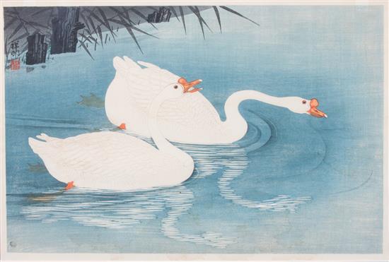 Appraisal: Sale Lot Ohara Koson Japanese - Swans woodblock print signed