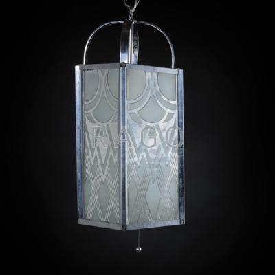 Appraisal: AMERICAN ART DECO Hanging lamp ca Chromed metal frosted glass