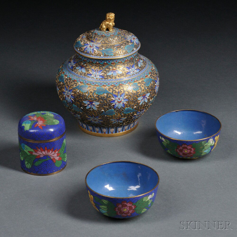 Appraisal: Four Cloisonne Items China th century a bulbous champleve covered