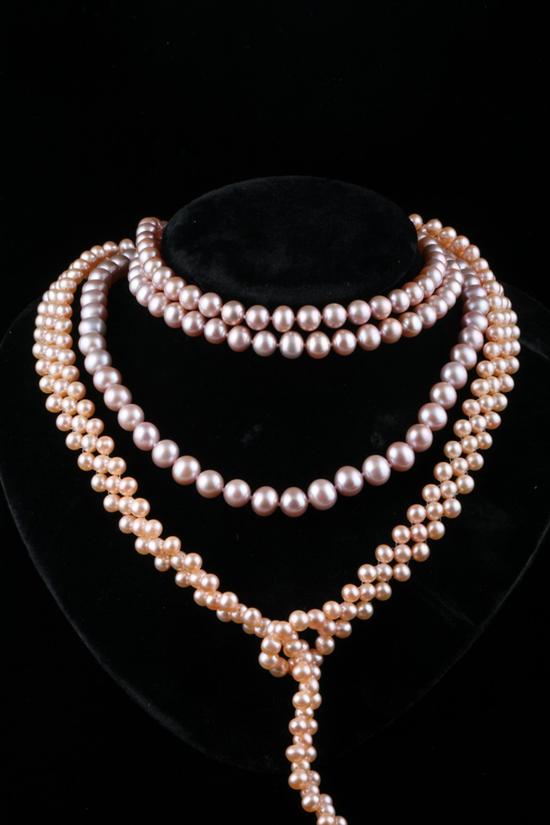 Appraisal: THREE PINK CULTURED PEARL NECKLACES in choker of mauve-pink -