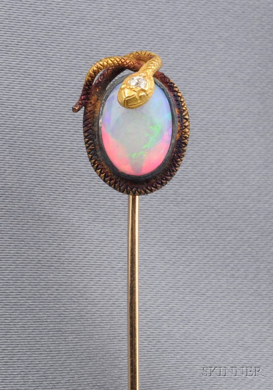 Appraisal: Antique kt Gold Opal and Diamond Stickpin designed as a