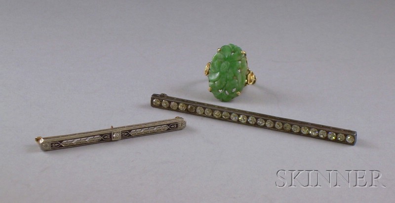 Appraisal: kt Gold and Jade Ring and Two Bar Pins one