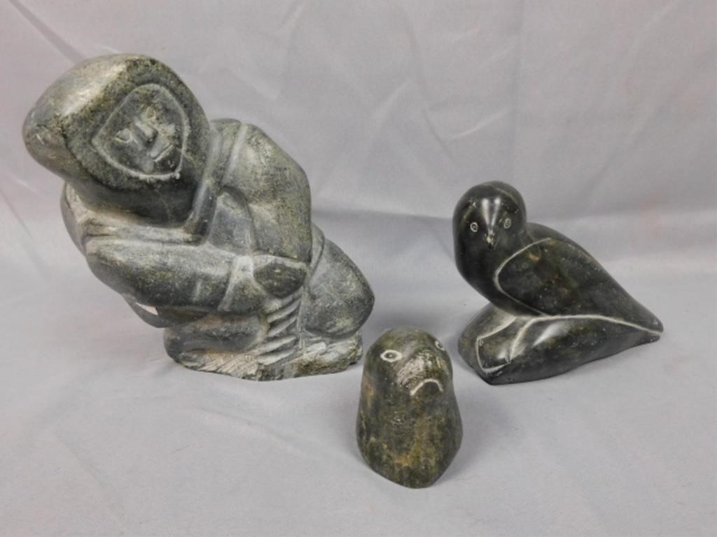 Appraisal: CARVED SOAPSTONE FIGURES CA TH C TOinclude fisherman signed Adamie