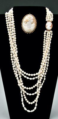 Appraisal: Two pieces cameo and gold jewelry six-strand cultured freshwater pearl