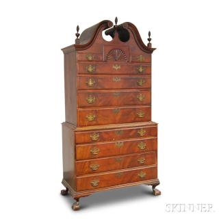 Appraisal: Chippendale-style Carved Mahogany Bonnet-top Chest on Chest th century ht