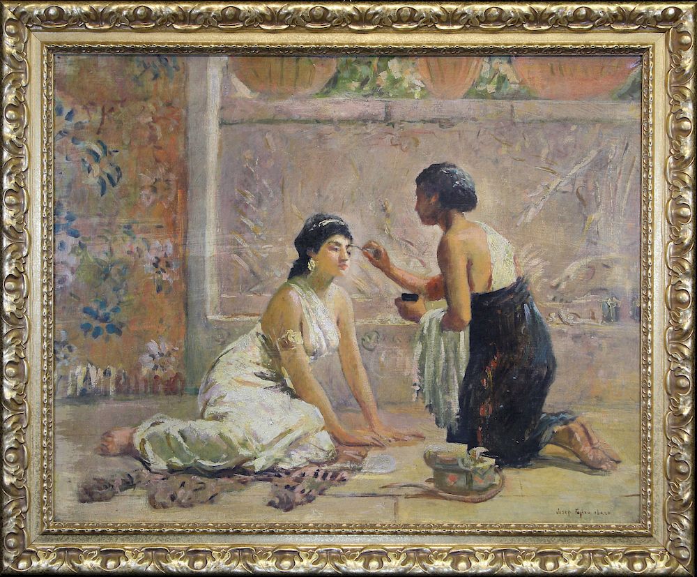 Appraisal: The Trick Signed th C Painting of Two Women The