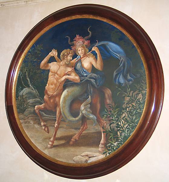 Appraisal: A large framed circular oil on canvas of fantastic mythological