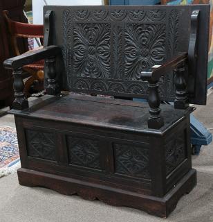 Appraisal: Jacobean carved oak convertible monks bench circa the backrest functioning