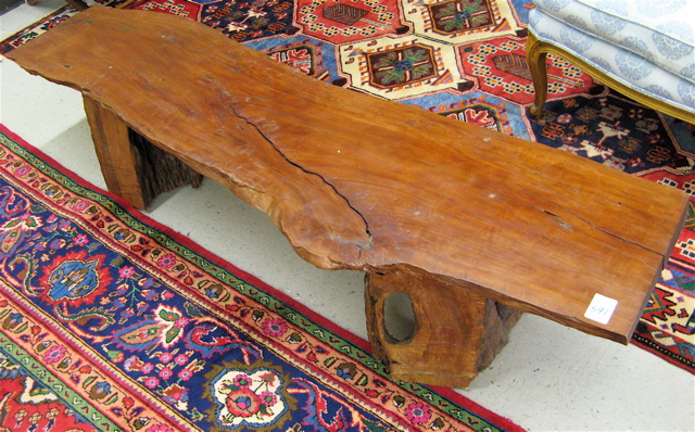 Appraisal: TEAKWOOD PLANK BENCH with long teak plank bench seat spanning